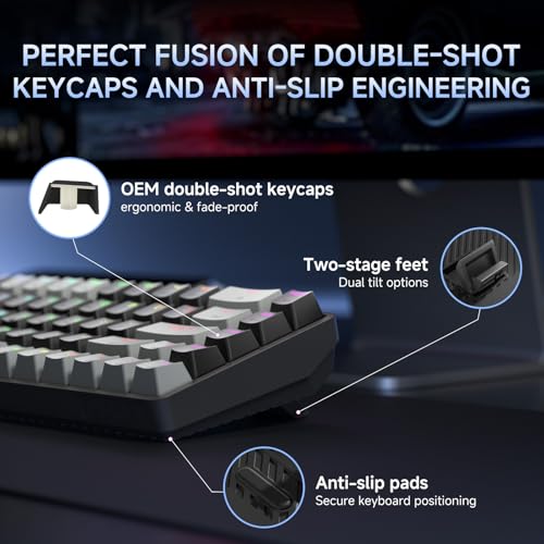 DIERYA DK68 60% Wireless Mechanical Gaming Keyboard, 3-Mode, Bluetooth 5.0/2.4G/USB-C, RGB Backlit, 68-Key Compact Mini for Windows, Mac, Linux - Clicky Blue Switch - Grey/Black - color: Grey Black/Blue Switch