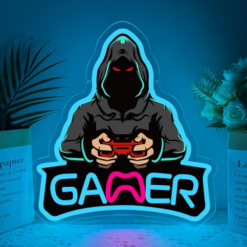 Neon Gamer Sign, Hacker Style LED Neon Sign for Game Room Decor, Dimmable Gaming Wall Light for Bedroom, Game Room, Man Cave, Unique Gamer Gift for Men, Teens, Boys - color: light blue, rose red