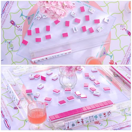 160 Engraved American Mahjong Tiles Set with Carrying Bag and Accessories, 1.2’’ Mahjong Tile Set - color: Magenta
