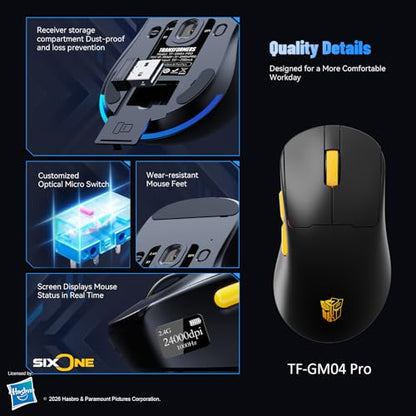 Transformers Gaming Mouse GM04 Pro, Wireless Gaming Mouse Tri-Mode Bluetooth/2.4G/Wired, 53g Ultra-Light, 24,000 DPI PAW3311 Sensor, RGB, 1000Hz, Rechargeable PC Gaming Mouse (Black) - color: Black