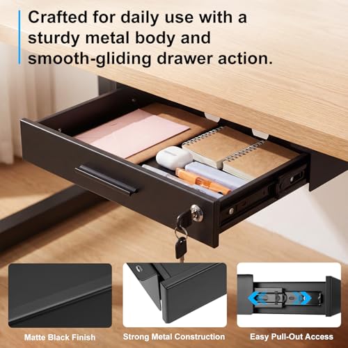 Menkxi 18'' x 12'' Under Desk Drawer Slide Out Storage Organizer, Lockable Metal Desk Drawer for Laptop and Office Accessories, Large Hidden Under Table Storage Box with Cable Management, Black - size: 18'' x 12''