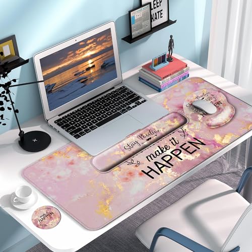 Desk Mat Set Keyboard and Mouse Pad with Wrist Rest Support | Ergonomic,Pain Relief, 4-in-1 Large Big Mousepad Computer Mats,Desk Pad Matt Mats for Desktop Home & Office - color: C1-Pink Stay Positive
