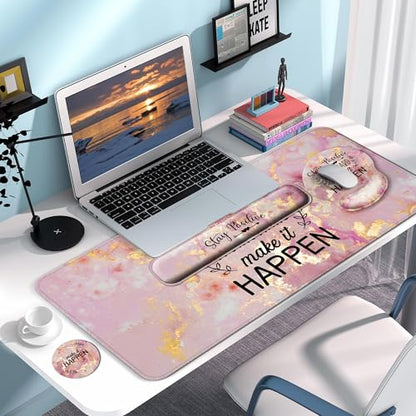 Desk Mat Set Keyboard and Mouse Pad with Wrist Rest Support | Ergonomic,Pain Relief, 4-in-1 Large Big Mousepad Computer Mats,Desk Pad Matt Mats for Desktop Home & Office - color: C1-Pink Stay Positive