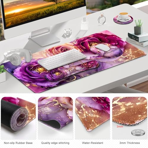 Gaming Mouse Pad Large Desk Mat, Cute Purple Marble Rose Desk Pad Protector | 4in1 XXL Mousepad + Keyboard Wrist Rest+Mouse Wrist Rest+Coaster Set with Ergonomic Desk Pad for Home Office PC,Flowers - color: Marble Rose Purple Flowers