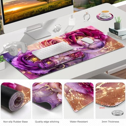 Gaming Mouse Pad Large Desk Mat, Cute Purple Marble Rose Desk Pad Protector | 4in1 XXL Mousepad + Keyboard Wrist Rest+Mouse Wrist Rest+Coaster Set with Ergonomic Desk Pad for Home Office PC,Flowers - color: Marble Rose Purple Flowers