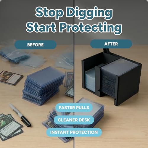 Trading Card Toploader & Penny Sleeve Station with Anti-Slip Base & Tool Storage | Dual Compartment Heavy-Duty Dispenser for Sports Cards & TCG | One-Hand Access Organizer for Card Breaks & Sorting