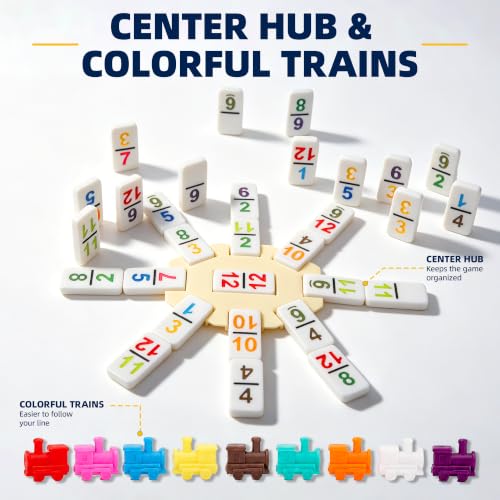 Mexican Train Dominoes Double 12, 91 Numbered Tiles, 8 Racks & Hub | Colorful Numbered Tiles, Wooden Racks, Center Hub, Portable Case, Great for Family Game Nights & Party Games - style: Double 12 Number + 8 Racks