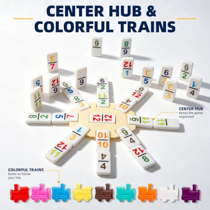 Mexican Train Dominoes Double 12, 91 Numbered Tiles, 8 Racks & Hub | Colorful Numbered Tiles, Wooden Racks, Center Hub, Portable Case, Great for Family Game Nights & Party Games - style: Double 12 Number + 8 Racks