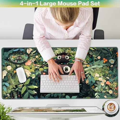 Mouse Pad Anime Mouse Pad with Wrist Rest | 4-in-1 XXL Large Desk Mat Kawaii Mousepad with Gel Wrist Support Keyboard Wrists Rest Coaster, Ergonomic Gaming Cat Desk Pad - color: Curious Cat