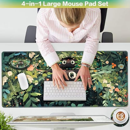 Mouse Pad Anime Mouse Pad with Wrist Rest | 4-in-1 XXL Large Desk Mat Kawaii Mousepad with Gel Wrist Support Keyboard Wrists Rest Coaster, Ergonomic Gaming Cat Desk Pad - color: Curious Cat