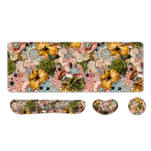 Desk Pad and Keyboard Wrist Rest, Large Mouse Pad + Keyboard Pad+Mouse Wrist Support, Non-Slip Desk Mat Protector for Office, Home 31.5×11.8 Inches Aesthetic Floral - color: Aesthetic Floral