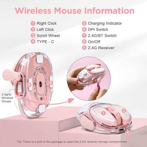 Q9 Wireless Computer Pink Mouse, 2.4GHz/Bluetooth Cute Mouse | Ergonomic Optical Transparent Mouse with RGB Lighting,Silent Clicks,4 DPI Adjustment Levels,Compatible With PC, Mac, Laptop - color: Pink