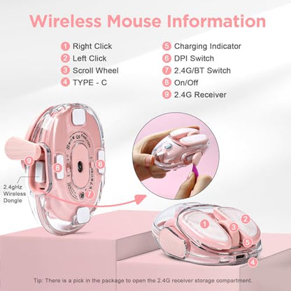 Q9 Wireless Computer Pink Mouse, 2.4GHz/Bluetooth Cute Mouse | Ergonomic Optical Transparent Mouse with RGB Lighting,Silent Clicks,4 DPI Adjustment Levels,Compatible With PC, Mac, Laptop - color: Pink