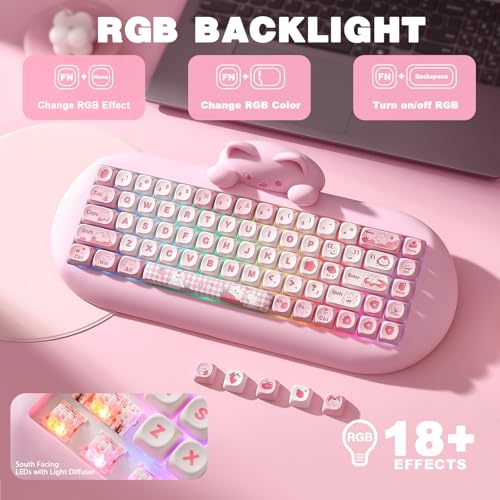 YUNZII C68 Silicone Cute Cat Mechanical Keyboard (Pink, Cocoa Cream Switch) | Wireless Triple Mode BT5.0/2.4G/Wired, RGB Backlit NKRO, Cute Cat Silicone Ergonomic Design for Win/Mac - color: Pink, size: Cocoa Cream V2 Switch