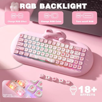 YUNZII C68 Silicone Cute Cat Mechanical Keyboard (Pink, Cocoa Cream Switch) | Wireless Triple Mode BT5.0/2.4G/Wired, RGB Backlit NKRO, Cute Cat Silicone Ergonomic Design for Win/Mac - color: Pink, size: Cocoa Cream V2 Switch