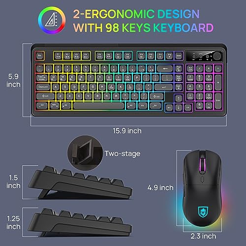 KOLMAX BT98 Wireless Keyboard and Mouse Combo,Triple Mode 2.4G/Wired/Bluetooth Gaming Keyboard and Mouse,Rechargeable Ergonomic RGB Backlit Light Up Keyboard Mouse with Knob for PC/Mac/Tablet - color: BT98 Black