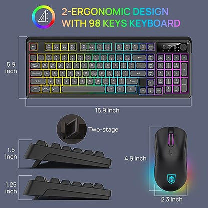 KOLMAX BT98 Wireless Keyboard and Mouse Combo,Triple Mode 2.4G/Wired/Bluetooth Gaming Keyboard and Mouse,Rechargeable Ergonomic RGB Backlit Light Up Keyboard Mouse with Knob for PC/Mac/Tablet - color: BT98 Black