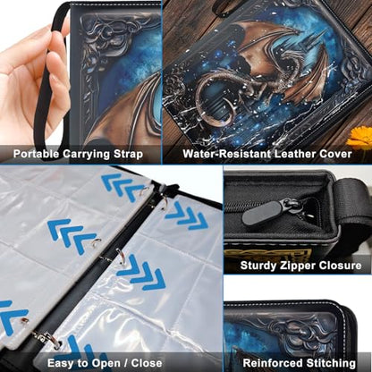 9 Pocket Trading Card Binder 1008 Cards Collection Albums with 56 Removable Sleeves Card Book Holder Premium Leather Collection Storage Binders Compatible with TCG MTG Sport Cards(Dragon) - style: Dragon Card Albums