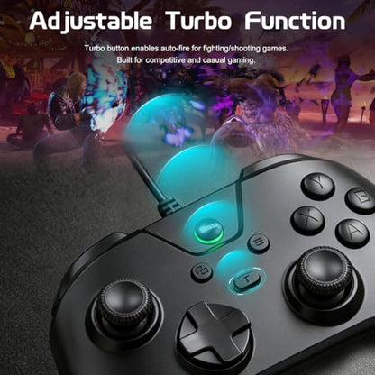 Joso Wired Gaming Controller with 1000Hz Polling Rate, USB Gamepad for Android, Switch, PC & PS4, Turbo and Adjustable Dual Vibration, 6.6-Foot Cable, USB C Adapter Included - color: Black