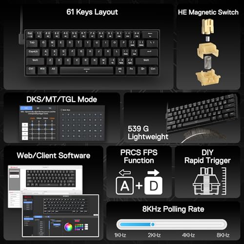 Redragon K617 HE Rapid Trigger Gaming Keyboard, 60% 61 Keys Wired Mechanical Keyboard w/Hyper-Fast Actuation, Dedicated Hall Effect Magnetic Switch, Actuation Point Adjustable, Essential Black - color: Black (HE Version)