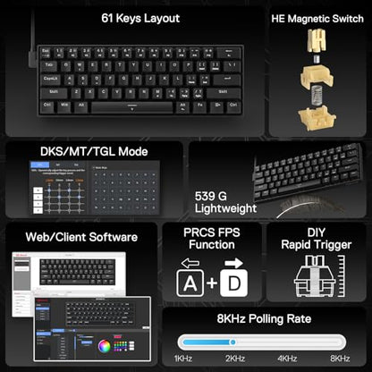 Redragon K617 HE Rapid Trigger Gaming Keyboard, 60% 61 Keys Wired Mechanical Keyboard w/Hyper-Fast Actuation, Dedicated Hall Effect Magnetic Switch, Actuation Point Adjustable, Essential Black - color: Black (HE Version)