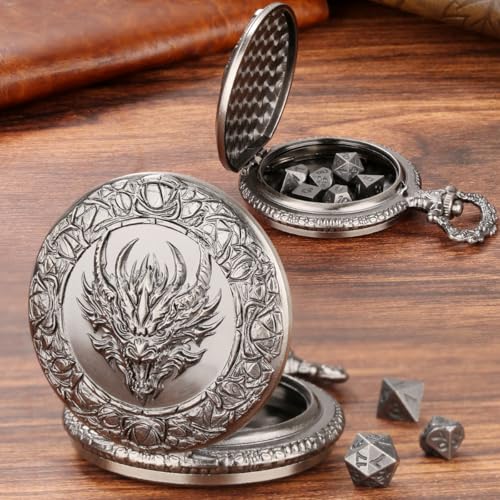 Mini DND Dice Set, with Steampunk Dragon Head Pocket Watch Shell Case, 7-Piece Polyhedral Metal D&D Dice, DND Gift Bag with Dragon Logo, MTG, Role Play Board Game Accessories, Dark Silver