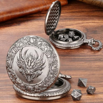 Mini DND Dice Set, with Steampunk Dragon Head Pocket Watch Shell Case, 7-Piece Polyhedral Metal D&D Dice, DND Gift Bag with Dragon Logo, MTG, Role Play Board Game Accessories, Dark Silver