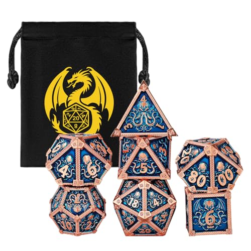 Metal Dice Set, Octopus Pattern, 7pcs Polyhedral Metal DND Dice Set, DND Starter Set, D&D Gifts with Gift Bag, Role Playing Board Games Accessories, Red Copper Border Blue - color: Blue With Gift Bag