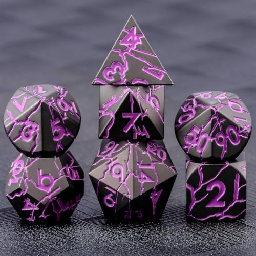 D&D Metal Dice Set with Gift Case, Polyhedral Dice for RPG with Cracks, Sharp Edge - color: Matt Black Purple