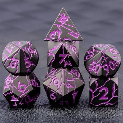 D&D Metal Dice Set with Gift Case, Polyhedral Dice for RPG with Cracks, Sharp Edge - color: Matt Black Purple