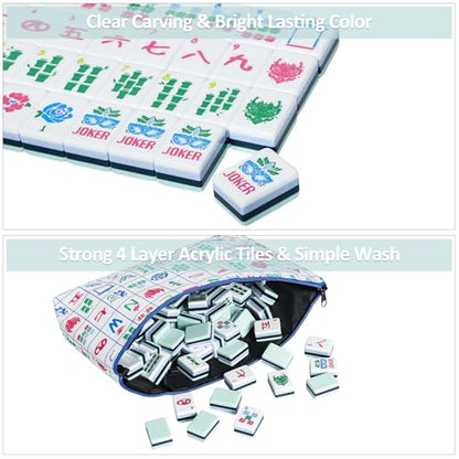 Jongyance American Mahjong Tile Set with160 Acrylic 4 Layer Engraved Mahjong Tiles, Mahjong Tiles Bag and Accessories - color: Green