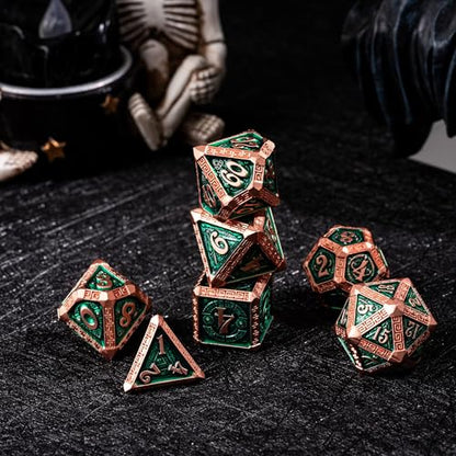 7-Piece Metal Dice Set - Mayan-Themed Zinc Alloy DND Dice for Tabletop Gaming, Gift, and Collecting - color: Mayan-themed-copper Green