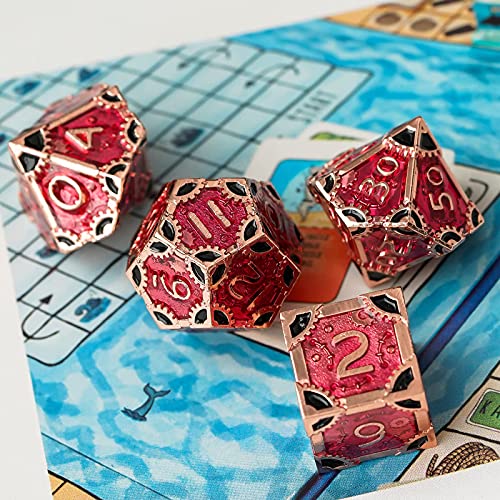 UDIXI Metal DND Dice Set 7PCS Polyhedral D&D Dice Set for Role Playing Game | 7PCS, Red, Steampunk Gear Carved, Solid Metal, Metal Gift Box, DM Gift, for Dungeons and Dragons RPG Tabletop Games - color: Gear-red Copper