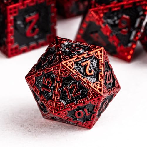 UDIXI Metal DND Dice Set, Metal Dice Set D&D for Tabletop Games (Black Red) | 7-Pieces, Dragon Carved, Chain-edge Design, Metal Gift Box, DM Gift, for Dungeons and Dragons Role Playing Games - color: Chain Frame-red Black