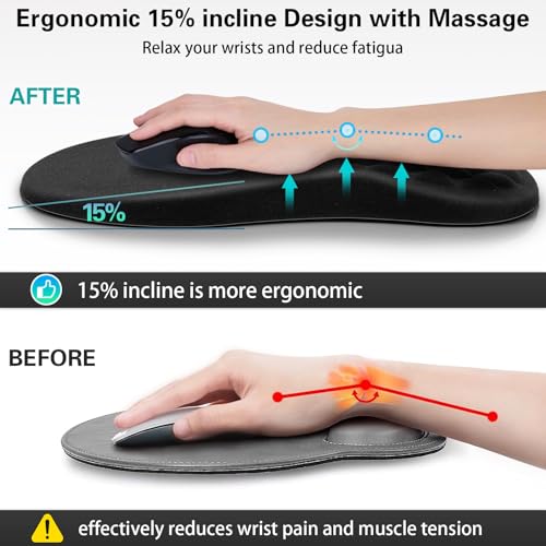 Canjoy Mouse Pad with Wrist Rest, Ergonomic Wrist Support with Massage | Ergonomic Massage Design & Relax and Relieve Fatigue & Non-Slip & PU Base, Comfortable Computer Mousepad for Office Home - color: Black Wrist Rest