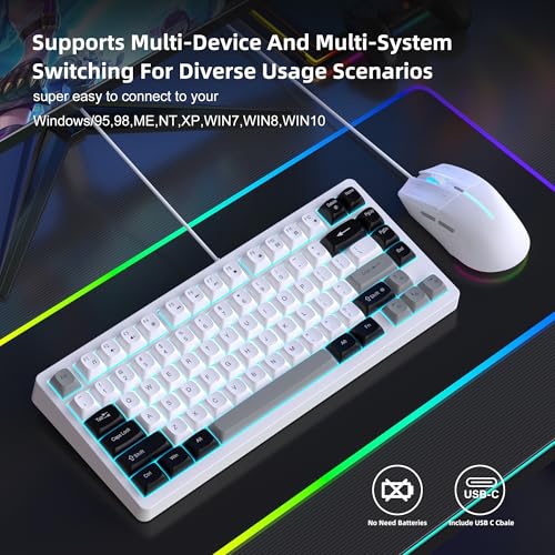 Snpurdiri 75% Wired Gaming Keyboard and Mouse Combo (Black Grey White) | 81-Key Compact Gaming Keyboard, Retro Round Keycaps Ice Blue Backlit Keyboard for Laptop, Easy to Carry on Business Trip - color: Black Grey White