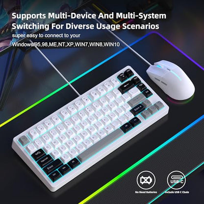 Snpurdiri 75% Wired Gaming Keyboard and Mouse Combo (Black Grey White) | 81-Key Compact Gaming Keyboard, Retro Round Keycaps Ice Blue Backlit Keyboard for Laptop, Easy to Carry on Business Trip - color: Black Grey White