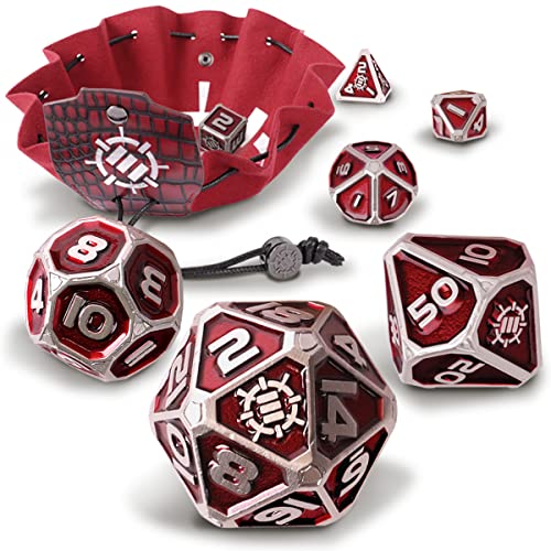 ENHANCE DND Metal Dice Set - 7pc Polyhedral Dice with 2-in-1 Vegan Leather Bag and Tray, Solid Metal Set for Dungeons and Dragons, Pathfinder, More RPGs (Collector's Edition Red) - color: Dragon Red