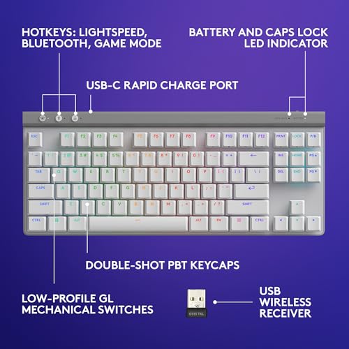 Logitech G515 Lightspeed TKL Wireless Gaming Keyboard (Tactile) - White | Thin Tenkeyless design, LIGHTSYNC RGB, PBT keycaps, Tactile Brown mechanical switches - color: White, style: Wireless