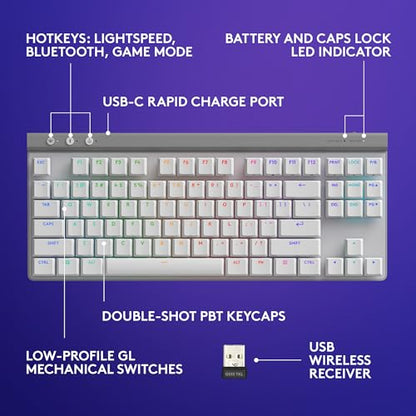 Logitech G515 Lightspeed TKL Wireless Gaming Keyboard (Tactile) - White | Thin Tenkeyless design, LIGHTSYNC RGB, PBT keycaps, Tactile Brown mechanical switches - color: White, style: Wireless
