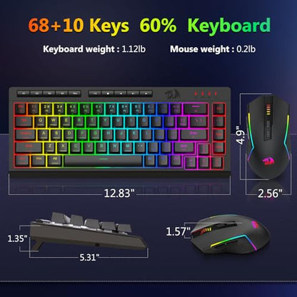 Redragon 60% Wired Gaming Keyboard and Mouse Combo, RGB Backlit, Black | Mini Macro Membrane Keyboard with Anti-Ghosting & Multimedia Keys + 8000 DPI Programmable Optical Mice for PC Laptop