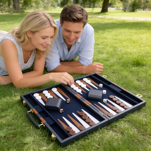 Backgammon Set - Classic Board Game with Premium PU Leather Case - Portable Travel Strategy Backgammon Game Set for Adults, Kids Family Game Night, Vacation & Gifts (18inch Large, Navy) - color: Navy, style: 18inch