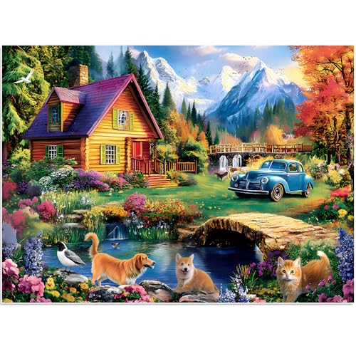 500 Piece Puzzles for Adults,Beautiful Country Cottage Jigsaw Puzzle for Adults Seniors,Recycled Cardboard Dogs Cat Puzzle 500 Piece,Family Activity Great Gift for Family Friends 20.5 * 15 inch - style: Cottage