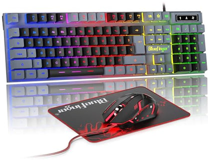 BlueFinger RGB Gaming Keyboard and Backlit Mouse Combo, USB Wired, LED Gaming Set for Laptop PC Computer Game and Work(Gray & Black) - color: Gray & Black