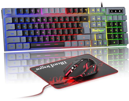 BlueFinger RGB Gaming Keyboard and Backlit Mouse Combo, USB Wired, LED Gaming Set for Laptop PC Computer Game and Work(Gray & Black) - color: Gray & Black
