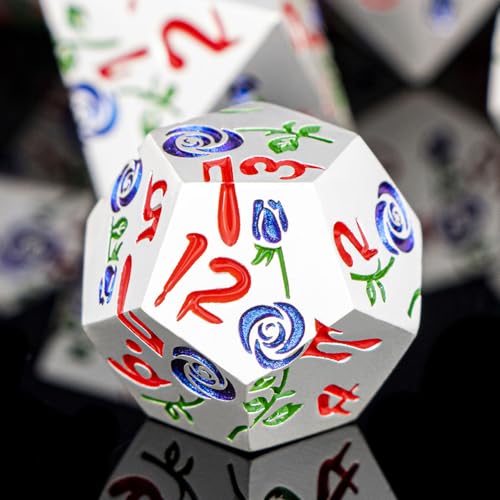 Gothic DND Dice Set Bleeding Rose Metal D and D Dice for use with Dungeons Dragons D&D Role Playing Game, Blue Purple RPG Polyhedral Dice Set D20 D12 D10 D8 D6 D4 - color: Purplish Blue&silver&red Numbers