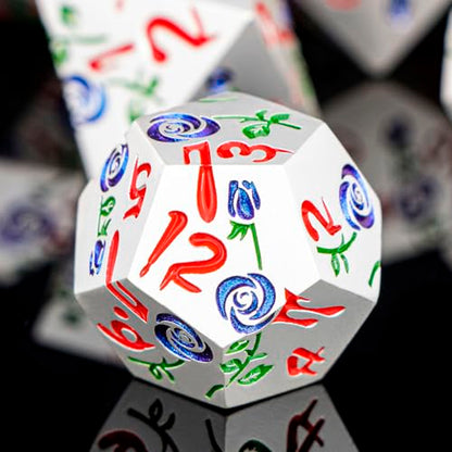 Gothic DND Dice Set Bleeding Rose Metal D and D Dice for use with Dungeons Dragons D&D Role Playing Game, Blue Purple RPG Polyhedral Dice Set D20 D12 D10 D8 D6 D4 - color: Purplish Blue&silver&red Numbers