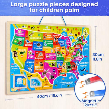SYNARRY Large USA World Solar System Wooden Magnetic Puzzles for Kids Ages 4-6, Wood Puzzles Educational Games Toys Easter Gifts for Toddlers, United States World Space Map for Boys Girls Ages 3-5 4-8 - style: Magnetic USA World Solar System