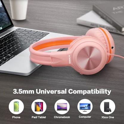 SIMOLIO Manyshare Series- Wired Headphones with Mic & Share Port, Volume Limited, Noise Isolating, Durable Plug in Headphones with Portable Pouch for Kids Girls, School, Travel, Laptop, Tablet (Pink) - color: Barbie Pink 3.5mm