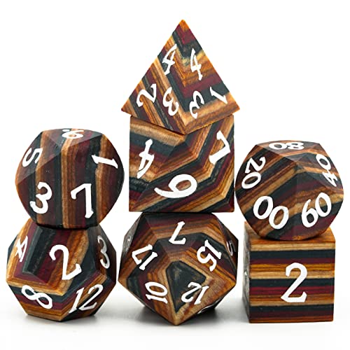 Wooden DND Dice Set Wood Polyhedral Dice Set D&D for Tabletop Games | Iron Box, DM Gift, for Dungeons and Dragons Role Playing Games - color: Yellow Striped